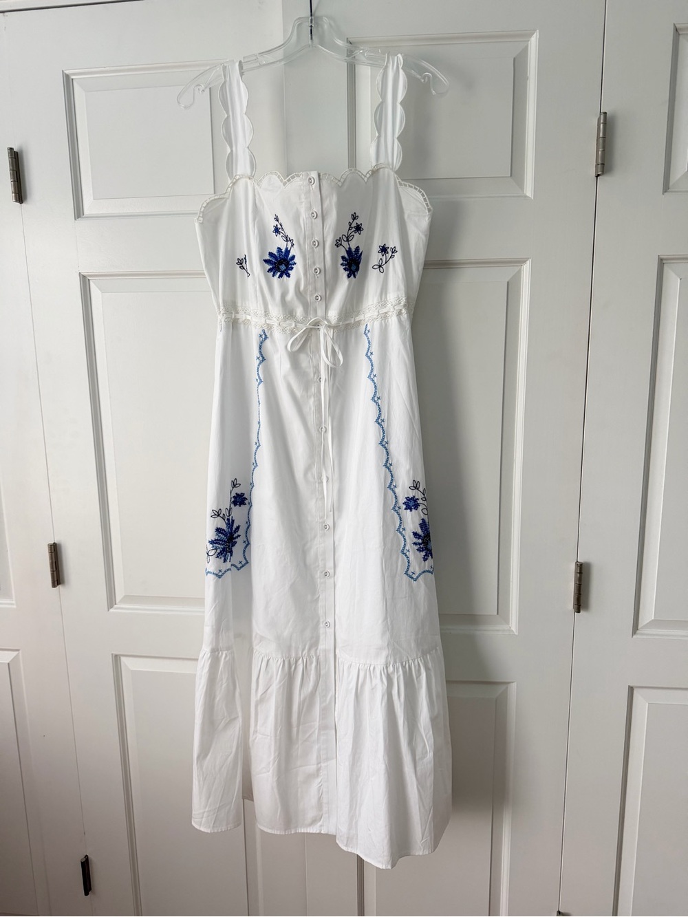 White Embroidered Sundress with Blue Floral Detail